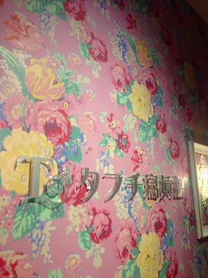 ピンクを基調とした花柄の壁紙「タブチ写真館のロゴ」をのせてある