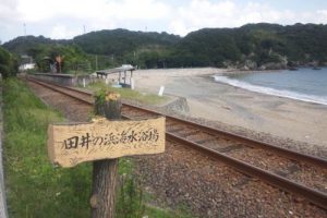 田井ノ浜海水浴場と手前に線路